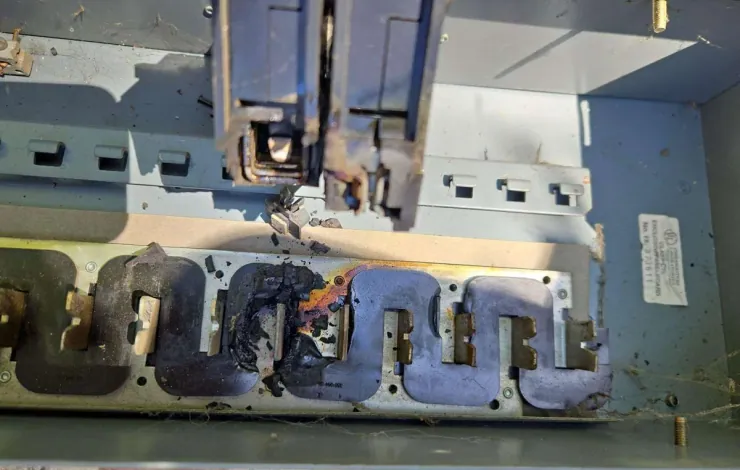 Heat-damaged electrical panel bus bar discovered during diagnosis