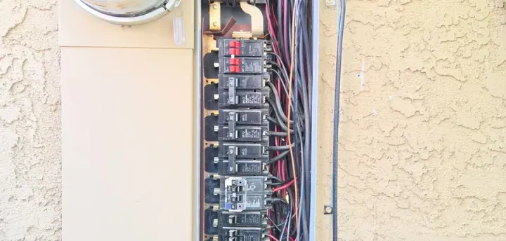 Challenger meter main panel on a Fair Oaks home with the cover off, main breaker and branch breakers visible