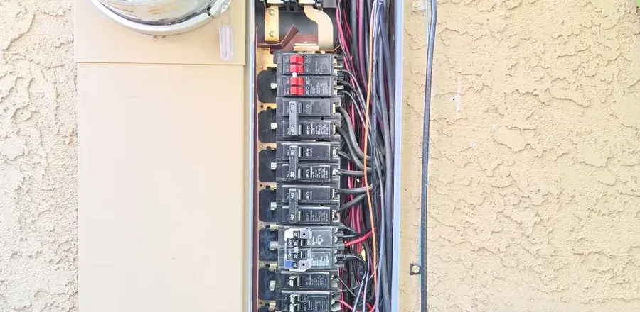 Challenger meter main panel on a Fair Oaks home with the cover off, main breaker and branch breakers visible