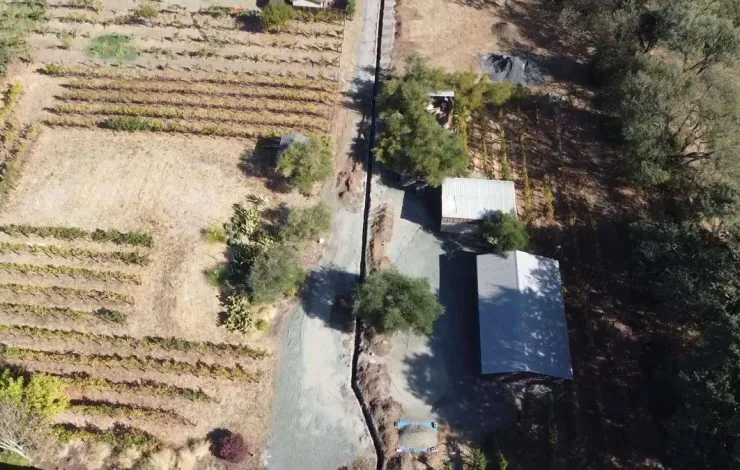 Aerial view of an underground electrical service trench on a rural Sacramento area property