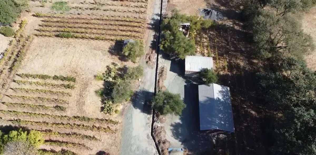 Aerial view of an underground electrical service trench