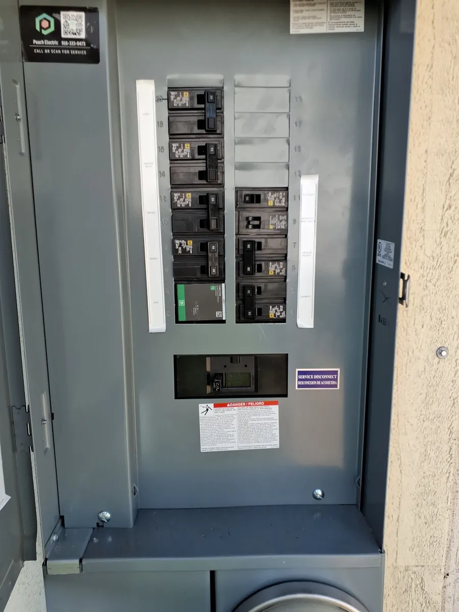 Modern labeled electrical panel with capacity for a Level 2 EV charger