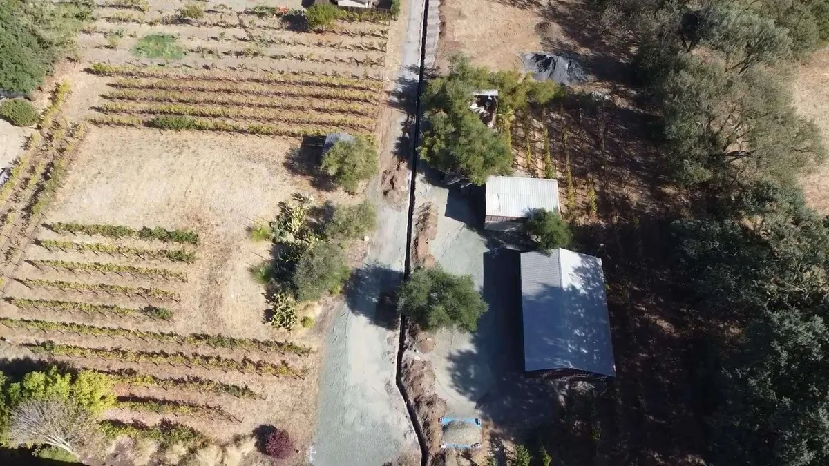 Aerial view of an underground electrical service trench
